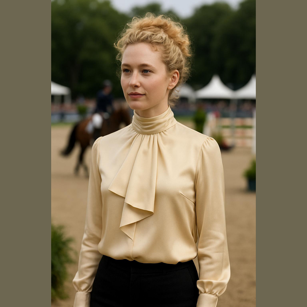 Women's High-Neck Cream Satin Blouse with Front Tie
